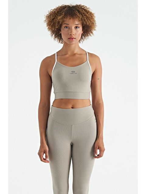 Tommylife Zeytin Yeşil Sırt Çapraz Detaylı Logo Baskılı Dar Kalıp Fitilli Kadın Büstiyer - 97274 - S000033484-17346