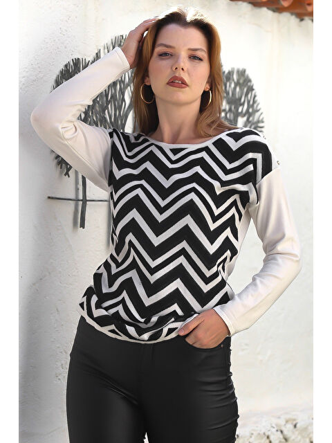 Chiccy Siyah-Ekru Kayık Yaka Uzun Kol Zigzag Desenli Casual Triko Kazak 65 60 - S000469066-37428
