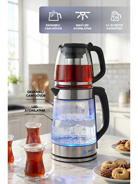 Sinbo STM-5990 2’si 1 Arada Çay Makinesi ve Kettle 2.0 L + 1.2 L Cam Demlik