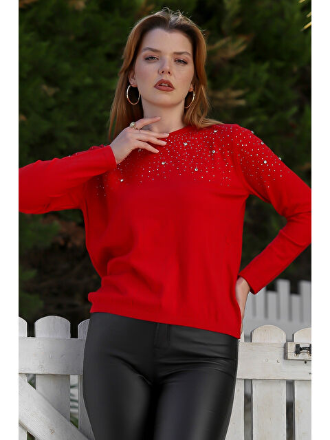 Chiccy Kırmızı Yuvarlak Yaka Uzun Kol Taşlı Troklu Casual Triko Kazak 65 60 - S000469070-20045