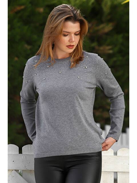 Chiccy Gri Melanj Yuvarlak Yaka Uzun Kol Taşlı Troklu Casual Triko Kazak 65 60 - S000469070-74