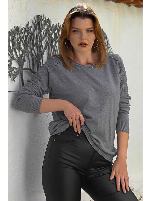 Chiccy Gri Havuz Yaka Uzun Kol Troklu Casual Ajur Örgü Triko Kazak 65 60 - S000469072-20600