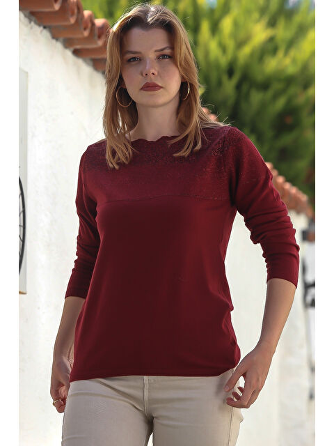 Chiccy Bordo Kayık Yaka Uzun Kol Simli Casual Triko Kazak 65 60 - S000469069-19951