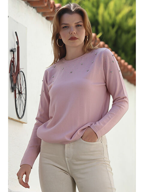 Chiccy Somon Rengi Yuvarlak Yaka Uzun Kol Taşlı Troklu Casual Triko Kazak 65 60 - S000469070-24085