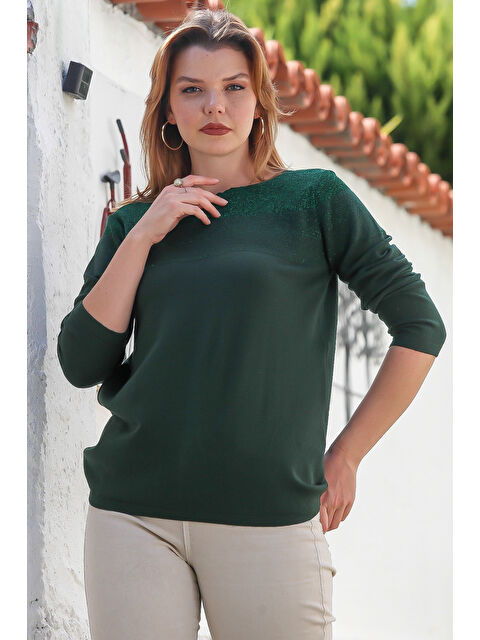 Chiccy Koyu Yeşil Kayık Yaka Uzun Kol Simli Casual Triko Kazak 65 60 - S000469069-19416