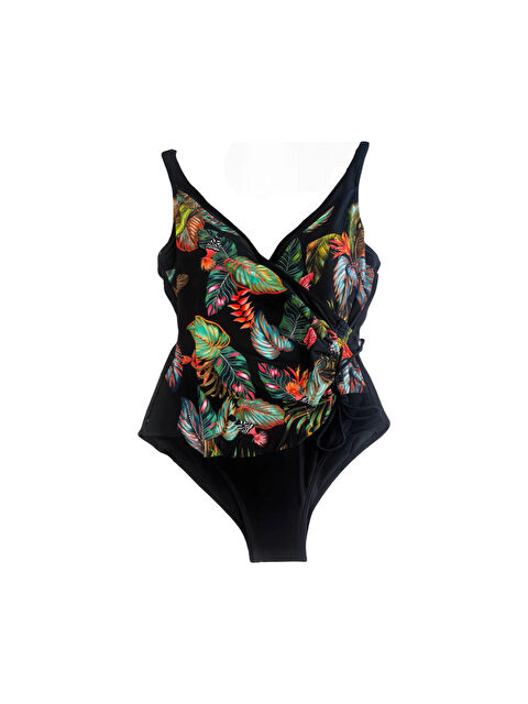 Hazelin Kadın Siyah Tüy Desen V Yaka Yandan İp Büzgülü Mayo HZL25S-LC4007 - S000398710-19351