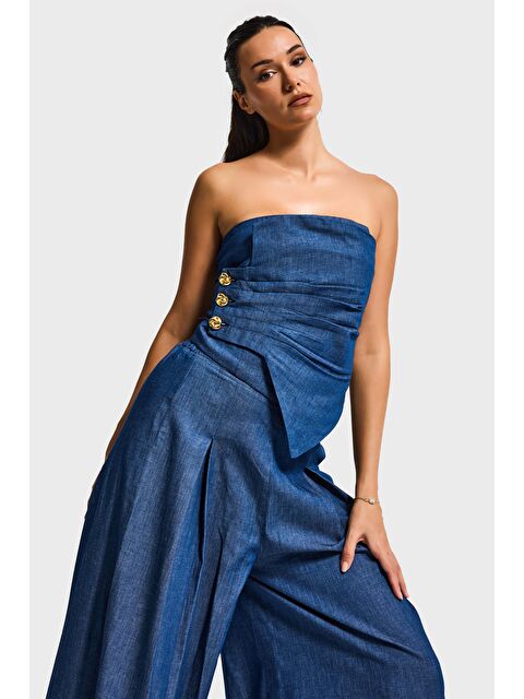 It's Basic Kadın İndigo 7s6-50 Straplez Düğme Detaylı Elastan Kumaş Tasarım Büstiyer - S000495934-23093