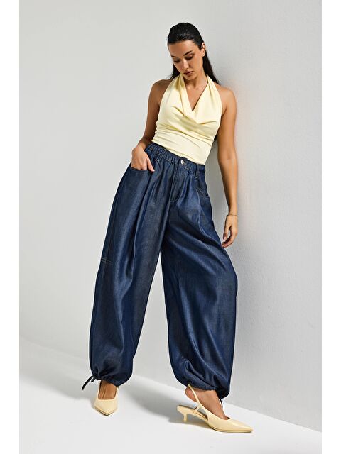 It's Basic Kadın İndigo 7s6-50 Süper Ballon Fit Bol Kesim Paça Detaylı Tasarım Denim Jean - S000495935-23093