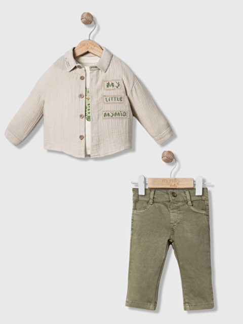 Mymio Müslin Gömlek Pantolon Uzun Kollu Tişört Erkek Bebek 3'lü Takım