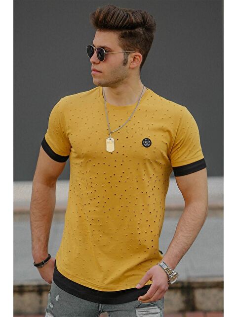 Madmext Sarı Yırtık Detaylı Erkek %100 Pamuk Tişört 4489 - S000038424-20072