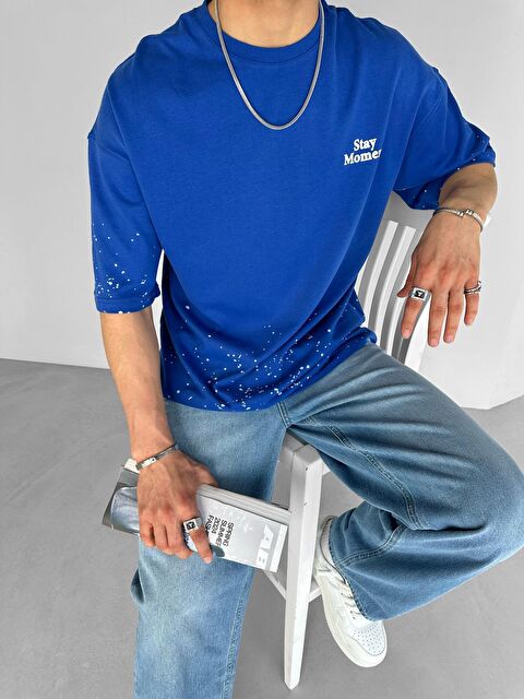 Abluka Online Erkek Oversize Dokulu Baskılı %100 Pamuk Tişört Lacivert - S000144339-21164