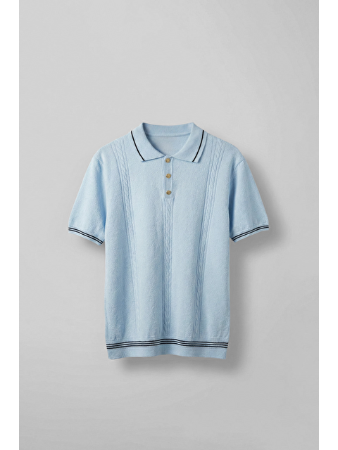 Abluka Online Erkek Regular Fit Saç Örgü Detaylı Triko Polo Yaka T Shirt Mavi - S000522359-17234