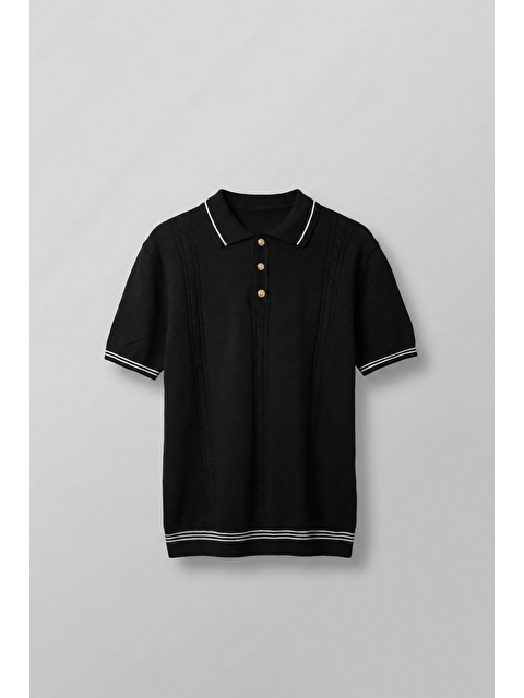 Abluka Online Erkek Regular Fit Saç Örgü Detaylı Triko Polo Yaka T Shirt Siyah - S000522359-19351