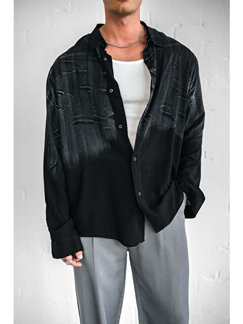 Abluka Online Erkek Uzun Kollu Desenli Oversize Gömlek Siyah - S000378118-19351