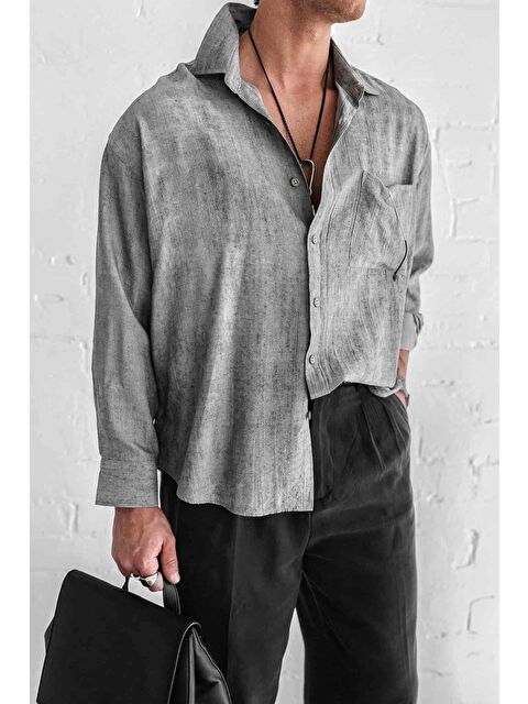 Abluka Online Erkek Dokulu Desenli Oversize Rahat Gömlek Gri - S000365721-20600