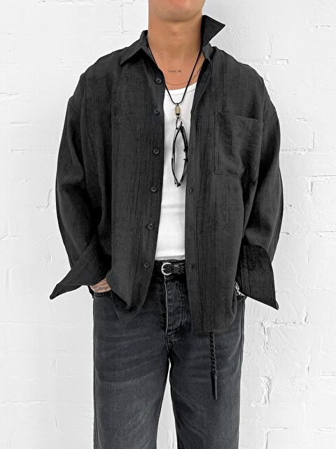 Abluka Online Erkek Dokulu Desenli Oversize Rahat Gömlek Siyah - S000365721-19351