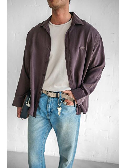 Abluka Online Erkek Uzun Kollu Rahat Kesim Oversize İnce Gömlek Kahverengi - S000365711-19413