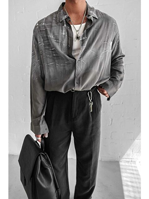 Abluka Online Erkek Uzun Kollu Desenli Oversize Gömlek Antrasit - S000378118-29666