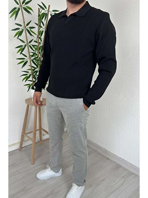 Explode - Erkek Siyah Polo Yaka Regular Triko Kazak - S000452328-19351