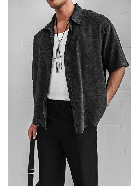 Abluka Online Erkek Oversize Yıkamalı Kısa Kollu Gömlek Siyah - S000378121-19351