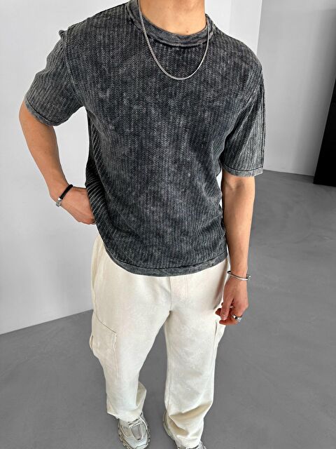 Abluka Online Erkek Pamuklu Dokulu Esnek Yıkama Görünümlü Triko Tişört Siyah - S000155218-19351