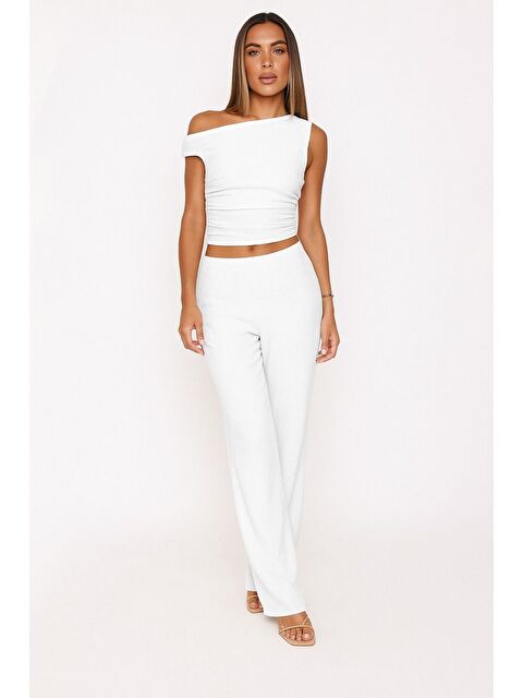 Trendseninle Beyaz Tek Omuz Detay Büzgülü Bluz Pantolon Örme Bürümcük Takım - S000398714-20063