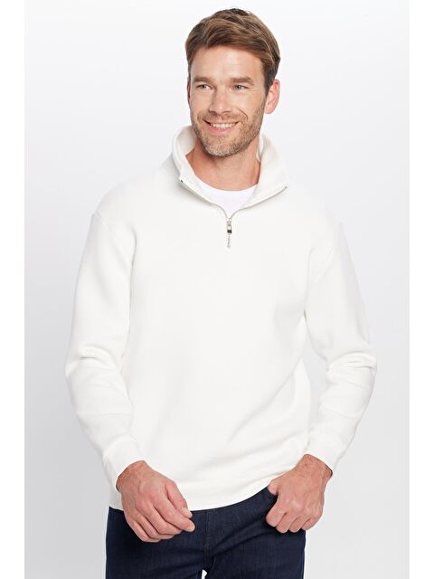 TUDORS Unisex Relax Fit Rahat Kesim Pamuklu İçi Polarlı Yarım Fermuarlı Beyaz Dik Yaka Sweatshirt - S000311996-20063