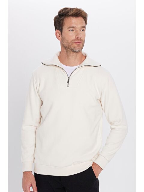 TUDORS Unisex Relax Fit Rahat Kesim Fitilli Desenli Pamuklu Yarım Fermuarlı Ekru Dik Yaka Sweatshirt - S000311997-19965