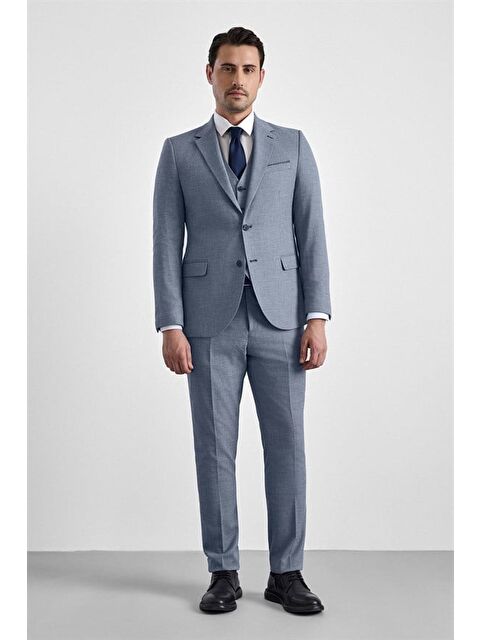 Süvari Parlament Mavi Slim Mono Yaka 6 Drop Yelekli Takım Elbise