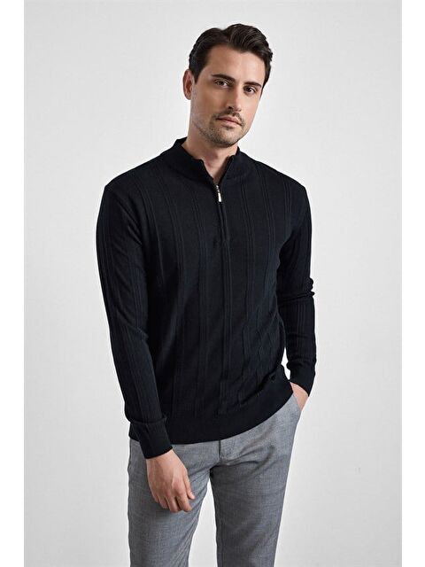 Süvari Siyah Regular Yarım Balıkçı Yaka Kazak