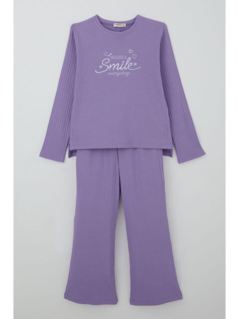 Breeze Kız Çocuk Pantolonlu Takım Yazı & Kalp Nakışlı Pantolonu Fiyonk Aksesuarlı Lila (4-8 Yaş) - S000505728-17878