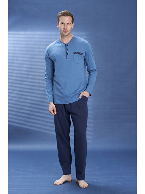 Remsa Erkek Penye Yarım Düğme Detay Uzun Kol Pijama Takımı 2129 Petrol07 - S000471164-20017