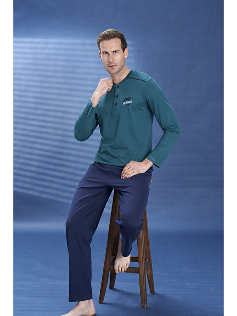 Remsa Erkek Penye Yarım Düğme Detay Uzun Kol Pijama Takımı 2102 Yeşil04 - S000471164-37470