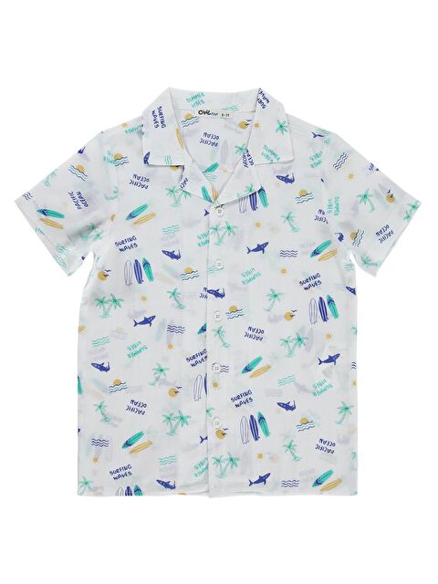 Civil Boys Köpekbalığı Palmiye Baskılı 6-9 Yaş Gömlek - Beyaz