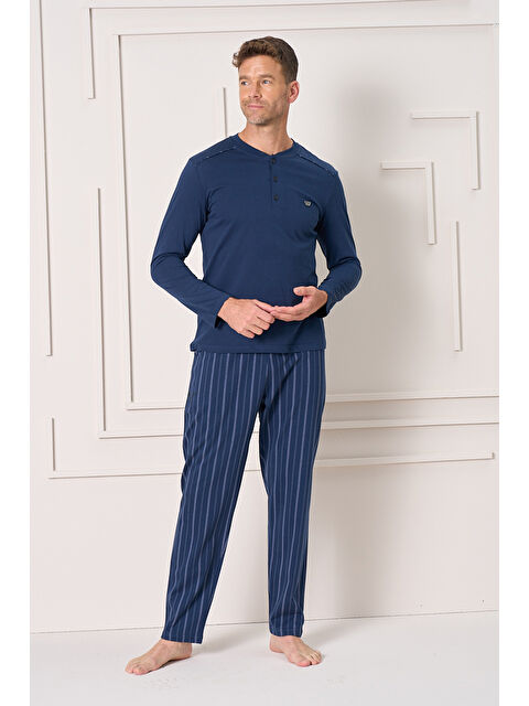 Remsa Büyük Beden Erkek Penye Yarım Düğme Detay Uzun Kol Pijama Takımı 2145 Lacivert11 - S000471164-37648