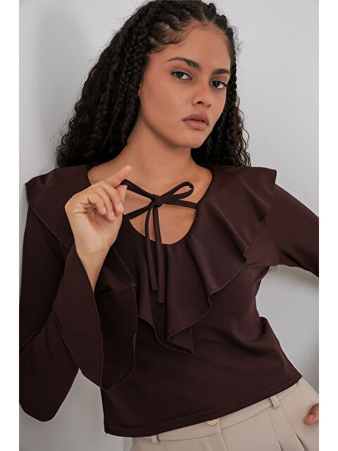 Bigdart Kadın Uzun Kol Crop Bluz 979 - Kahverengi - S000461386-19413