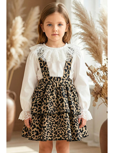 Parla Kids Kız Çocuk Leopar Elbise Helen Askılı Jile Dantelli Ekru Bluz Takım 23 Nisan 29 Ekim Gösteri Kıyafeti - S000466131-37231