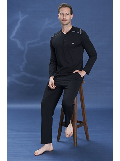 Remsa Büyük Beden Erkek Penye Yarım Düğme Detay Uzun Kol Pijama Takımı 2133 Siyah07 - S000471164-37424