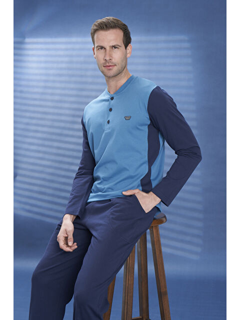 Remsa Erkek Penye Yarım Düğme Detay Uzun Kol Pijama Takımı 2121 Petrol04 - S000471164-26986