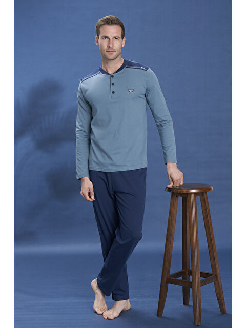 Remsa Erkek Penye Yarım Düğme Detay Uzun Kol Pijama Takımı 2115 Yeşil02 - S000471164-37467