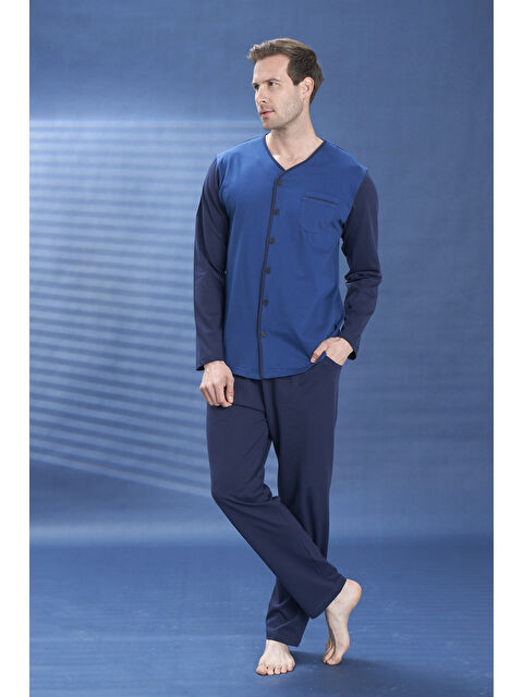 Remsa Büyük Beden Erkek Penye Düğme Detay Uzun Kol Pijama Takımı 2143 Lacivert10 - S000471164-37353