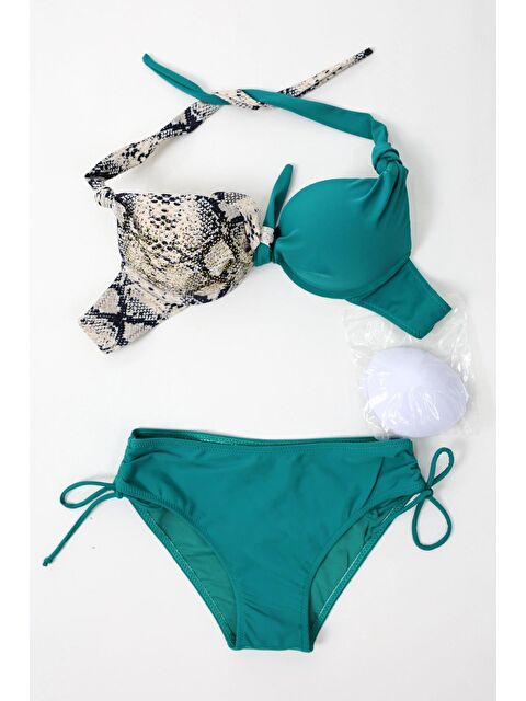 Hazelin Kadın Turkuaz Bej Taş Bloklu Yüksek Bel Toparlayıcı Bikini Takım HZL24S-LC3335 - S000237925-20055