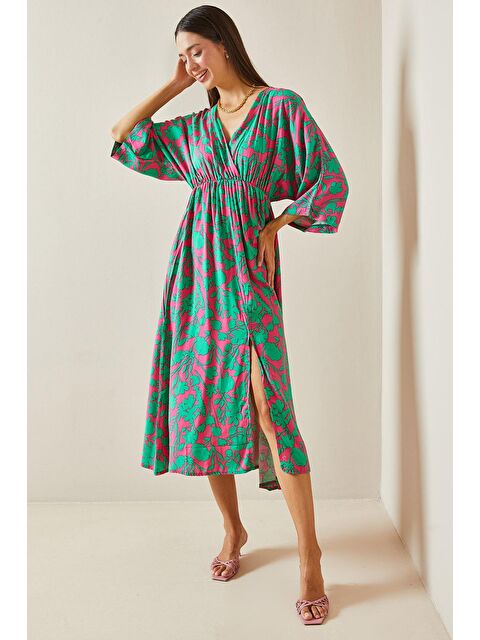 Xhan Fuşya Kruvaze Yaka Desenli Yırtmaçlı Midi Elbise 5YXK6-48864-07 - S000241838-18686