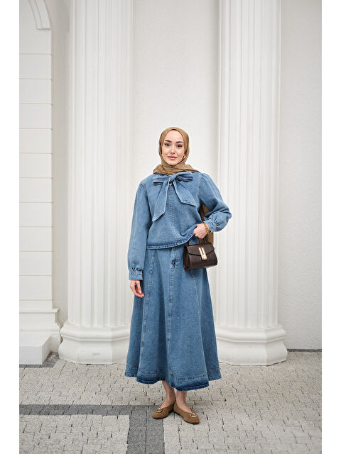 Locco Moda Kadın Yaka Bağlamalı Balon Kol Etekli Takım Açık Mavi