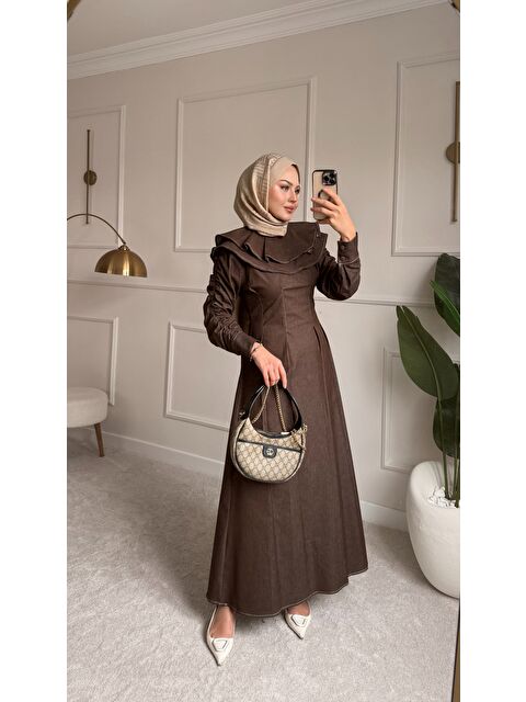 Locco Moda Kadın Dikiş İz Detay Pelerinli Jean Elbise Kahverengi