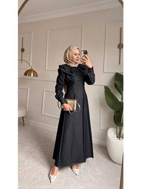 Locco Moda Kadın Dikiş İz Detay Pelerinli Jean Elbise Lacivert