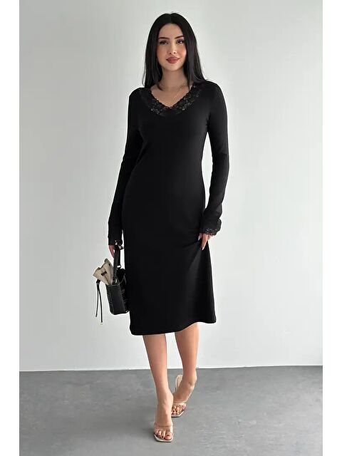carla10 Kadın Dantel Detaylı V Yaka Elbise – Uzun Kollu Günlük Elbise - S000530072-19351