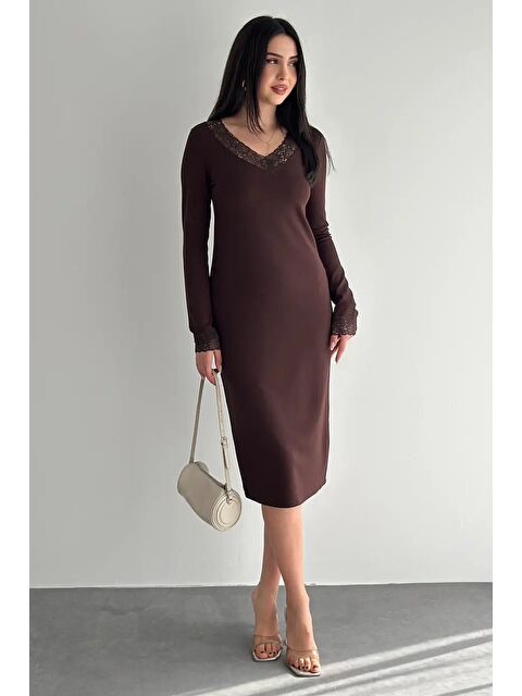 carla10 Kadın Dantel Detaylı V Yaka Elbise – Uzun Kollu Günlük Elbise - S000530072-19413