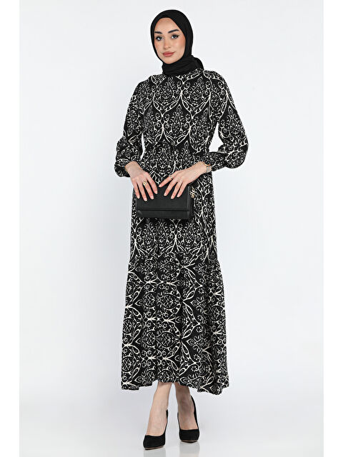 Gülseli Desenli Bel Bağlamalı Tesettür Viskon Elbise - S000361006-5300