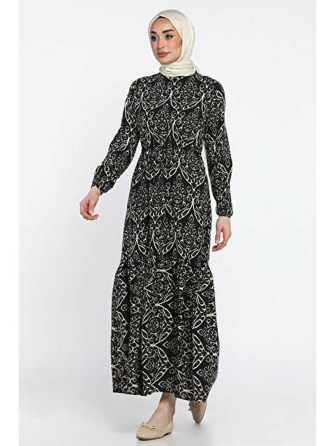 Gülseli Desenli Bel Bağlamalı Tesettür Viskon Elbise - S000361006-37423